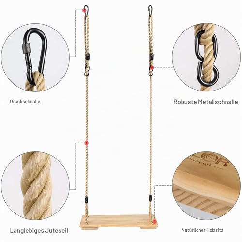 PELLOR Holz Schaukelsitz Erwachsene Schaukel mit Karabiner aus Edelstahl, Kinderschaukel Garten Brettschaukel für Outdoor Spiele mit Höhenverstellbar Seil belastbar bis 100KG