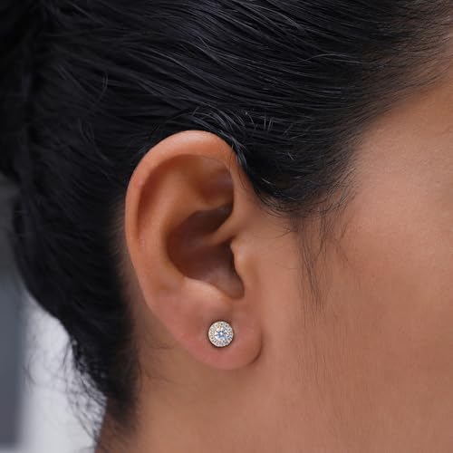 18k Gold Plated Sterling Silver Post Halo Stud Earrings | Heart, Round & Teardrop style Moissanite Diamond Stud Earrings for Women | Push Back Earrings For Her4