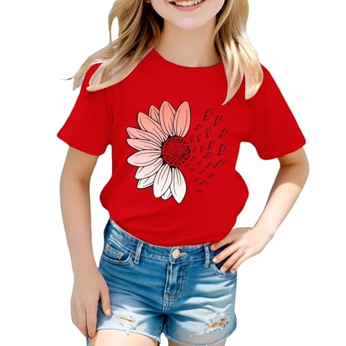 Girls Loose Fit Sunflower Graphic T Shirts Short Sleeve Crewneck Cute Pattern Printed Tops Kids (B-Red, 10-11 Years)3