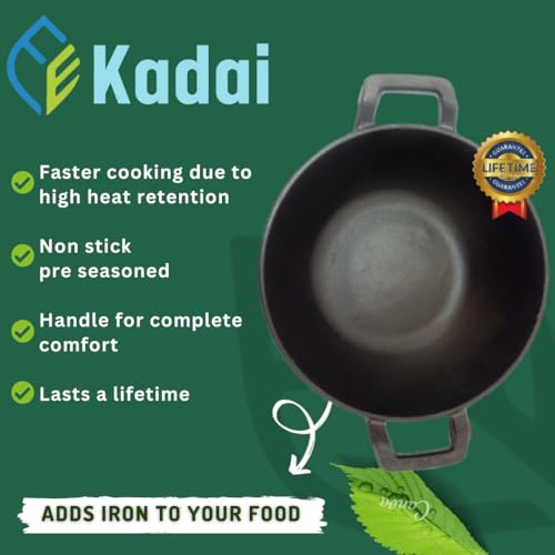Image of EARTHFIT Cast Iron Kadai 10 Inches with Twin Handles | Durable Iron Kadhai for Cooking and Deep Frying | Pre-Seasoned Kadai Cast Iron for Healthy Cooking