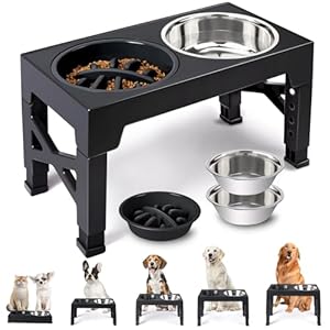 Heeyoo Elevated Dog Bowls – 5 Adjustable Heights Stand, 2 Stainless Steel Bowls & 1 Slow Feeder, 3.2″ to 12.2″ for Small to Large Dogs