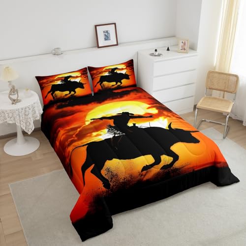 Image of Feelyou Western Cowboy Comforter Set Rodeo Cowboy Riding Bull Bedding Set for Kids Boys Teens Adults Vintage Comforter Soft Quilt with 2 Pillowcases 3Pcs Bedding Full Boys