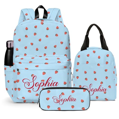 Personalized Strawberry Backpack for School, Cute Fruit Pattern Printed Kids School bag Blue Bookbag Backpack Set with Lunch Bag Pencil Case