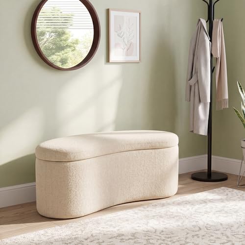Image of Zesthouse Storage Bench for Bedroom End of Bed, 39.4 inch Small Curved Entryway Ottoman Bench, Beige Linen Fabric Bench Seat for Living Room Hall Mudroom, Modern Upholstered Coffee Table Crescent Shape