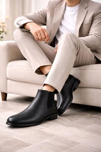 Image of Men's Leather Chelsea Boots | Ankle Boots with Textured Finish Formal & Smart Casual Boots | Comfortable Fit, Trendy, Stylish Boots | Leather Boots for Office /Fashionable