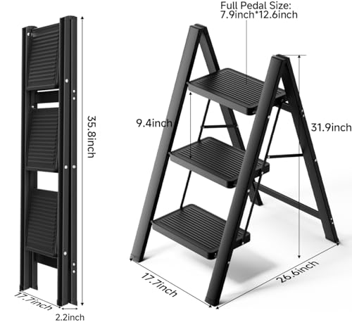 Image of SOLADDER Step Ladder 3 Step Folding, Small Step Stool for Adults, Portable Anti-Slip Iron Stepladder with Wide Pedals for Home and Kitchen Use, Space Saving - Black (300 lbs)