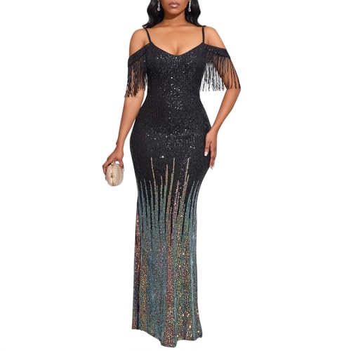 Cololura Women Sexy Sequin Tassel Off Shoulder Halter Bodycon Maxi Dress Party Evening Gown Formal Dress