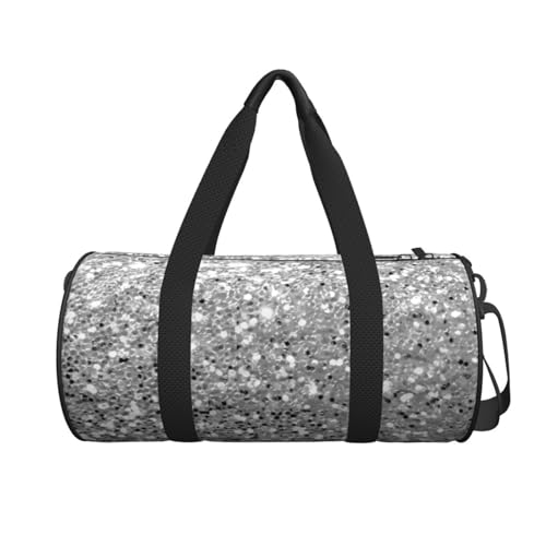 Silver Gray Grey White Faux Glitter Sequin Duffle Bag, High Capacity Round Sports Luggage Bag With Interior Organizer & Side Storage Pockets2