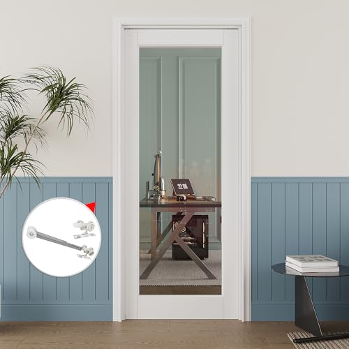 Image of 36 inch x 80 inch Clear Glass Pocket Door, Soft-Close Sliding Pocket Door with Frame & Hardware Kit Set, Primed All-Inclusive Interior Door Slab for Home, White, Need to Assemble