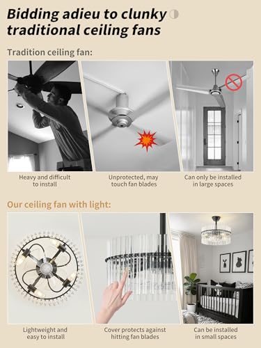 Image of SYDACG 20 inch Black and Clear Crystal Fandelier Ceiling Fan with Light, Mid-Century Chandelier Ceiling Fan with Light Remote Control, 6 Speeds for Bedroom, Nursery, Living Room