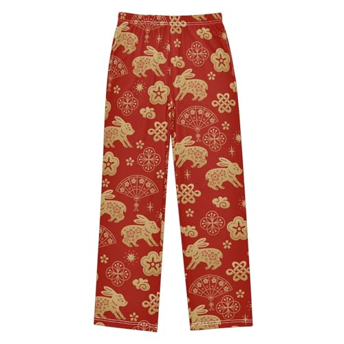 Golden Bunny Floral Boys Long Pants Soft Trousers Elastic Waist Kids Lounge Bottoms with Pockets S-XL