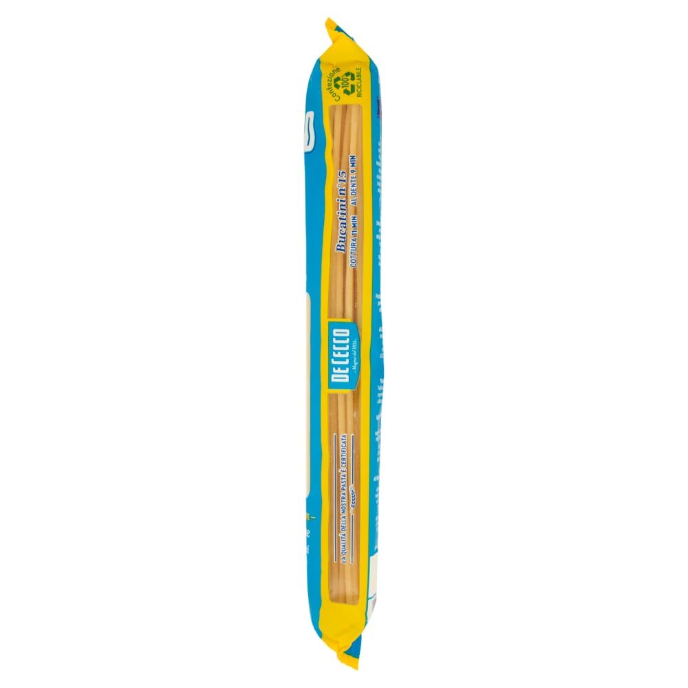 De Cecco Bucatini n°15, pasta 24 x 500 g, secado lento, sémola de trigo duro de calidad superior, cocción 11 min (al diente 9), ideal all'Amatriciana & cacio e pepe + italian Gourmet polpa 400 g