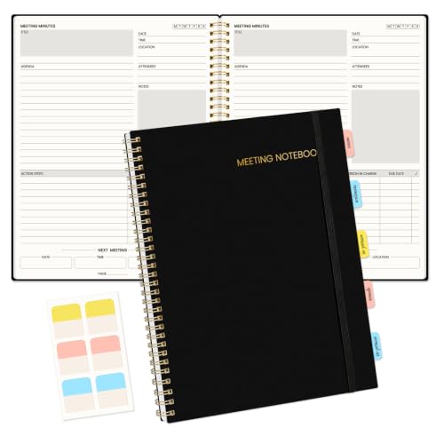 SUNEE Meeting Notebook for Work with Sticky Tabs - 160 Pages A4 Size Project Planner Spiral Meeting Agenda/Minutes Notebook Organizer for Women Men Note Taking Office & Business 8.5x11 Black