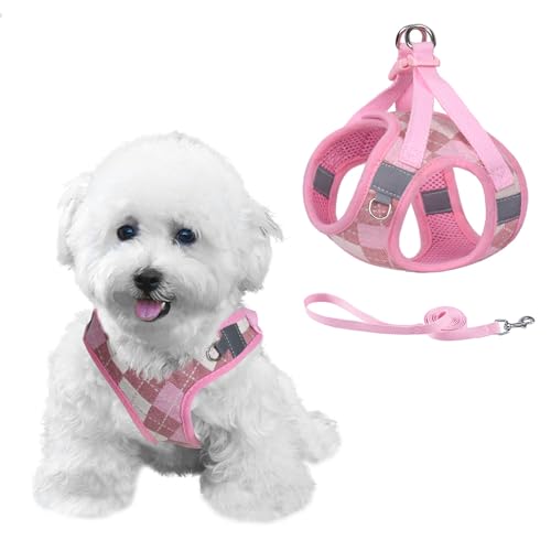 PawSailor Pettorina Cane con Guinzaglio Anti Tiro Step-in Mesh Traspirante Regolabile con Motivo Scozzese, Pettorina per Gilet da Corsa Facile da Camminare per Cani di Piccola Taglia Rosa XXS