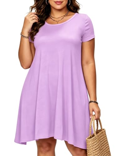 Image of Afibi Womens Short Sleeve Loose Pockets Dress Casual Swing T-Shirt Dresses