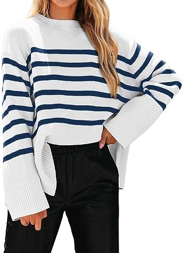 KIRUNDO Women's Striped Knit Oversized Fall Sweaters 2026 Trendy Clothes Crewneck Winter Pullover Sweater Side Split