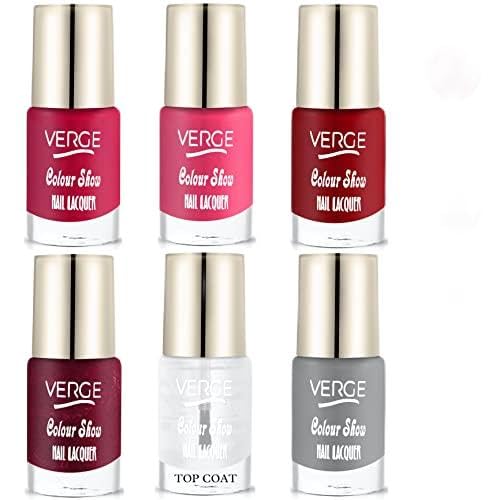 VERGE Colour Show Bright Shine Nail Polish (Longest Stay & Non Toxic; VEGAN) (HIGH FINISH) (Pack of 6) NO CHIPPING, NO FADING & QUICK DRY FORMULA