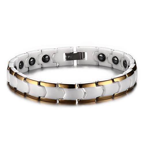 Joielavie Pulsera para Mujer de cerámica Acero con hematita magnética Dorado clásico Cadena de Mano Joyas Regalo Color Blanco Oro