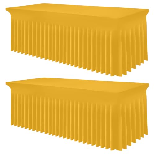 Image of Smiry 2 Pack Spandex Elastic Fitted Table Cloth Skirt for 6FT Table | Stretch Washable Table Cloth, Banquet Table Cover for Wedding, Party, Indoor & Trade Shows, (Mustard Yellow, 72Lx30Wx30H)