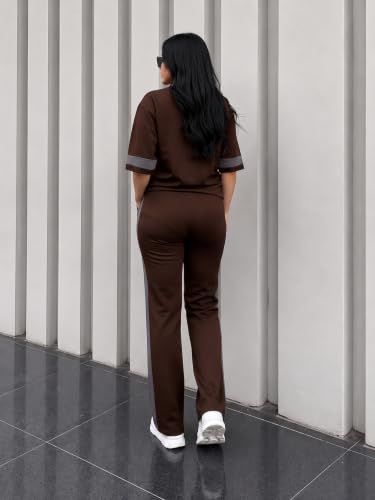 Image of Tracksuit for Women | Casual Brown Loungewear 2 Piece Set | Short Sleeve T Shirt and Wide Leg Pants with Side Stripes | Sports Jogging Co ord Matching Sweatsuit(40-N-1-4)