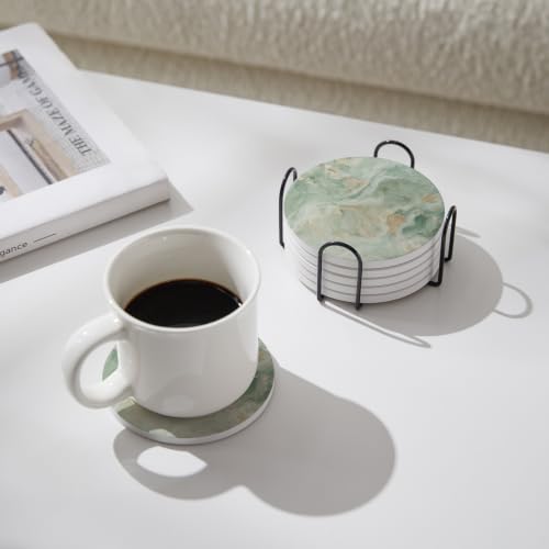 Image of Set of 6 Sage Green Marble Coasters with Holder,Absorbent Ceramic Coasters for Drinks, Coasters with Cork Backing for Table Protection, Housewarming Gifts for New Home
