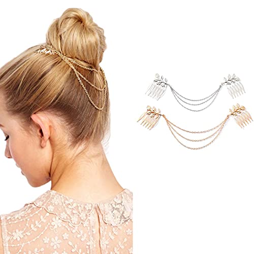 JONKY Boho Leaf Hair Combs Layered Head Chain Tassel Hair Chain Headband Hair Accessories Headpiece for Women and Girls(Pack of 2)