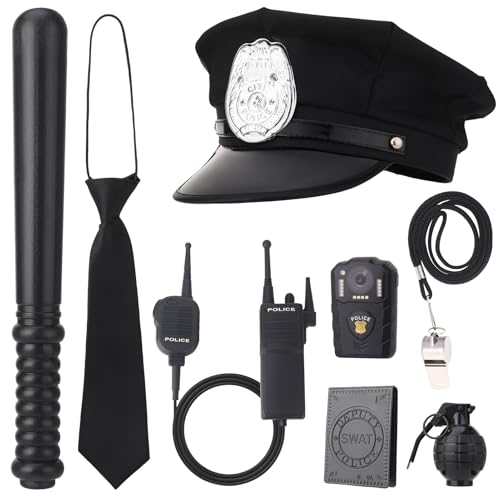 GSrenyu 8pcs Police Costume Accessories with Walkie-talkie Hat Baton Whistle Tie Recorder Model of Grenade and Officers ID Police Fancy Dress Set for Adults Teens Party Dress Up
