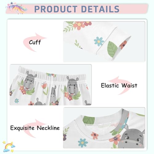 Pajama Sets Long Sleeve Cute Hippo Floral Pattern Soft Comfy Sleepwear 2 Piece PJS 3-8T4