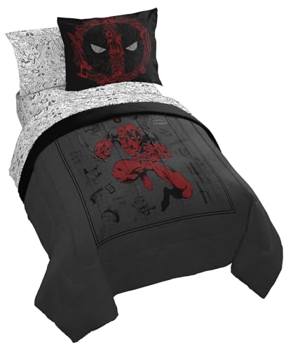Jay Franco Marvel Deadpool Full Size Comforter Set - 7 Piece Bedding Includes Sheet Set and Pillow Covers - Gray and Red Super Soft Cozy Bedding