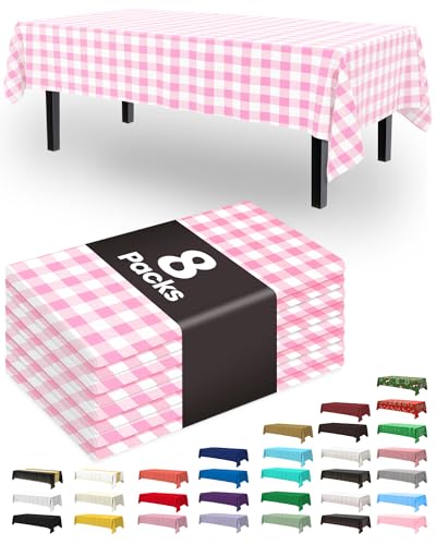 Image of Pureegg Plastic Table Cloth Disposable 8 Pack, 54 x 108 Inch Table Cloths, Party, Picnic, Decorative Gingham Tablecloths, Rectangle, Pink and White Checkered Cover, Leakproof & Sturdy, Pink Plaid