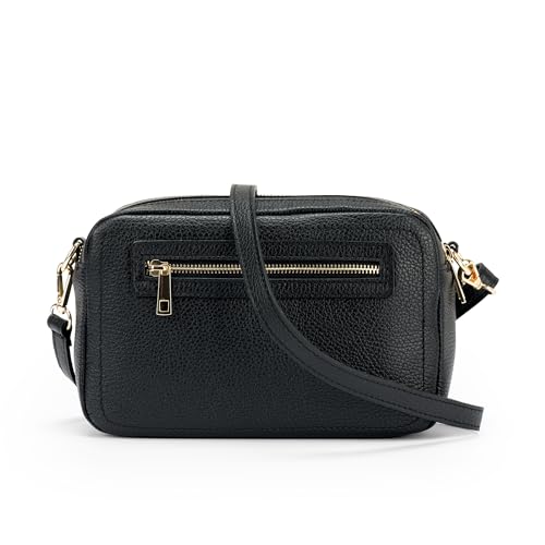 Mauro Pelletteria Sac a Main Femme Bandoulière, 100% Cuir Véritable, Artisanat italien, 3 compartiments Zippés, Réglables (Noir)