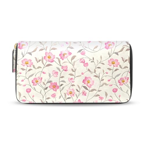 Long Wallets Leather Bifold Wallet for Women Pink Floral with Zipper Credit Card Holder Large Capacity
