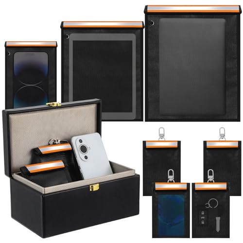 Image of Dansydaisy Key Storage Box & Protective Pouches Set (8 Pack) for Car Key Fob, Phone, Tablet & Wallet - Waterproof, Fireproof Travel Organizer Case, Portable Storage Kit(Orange)