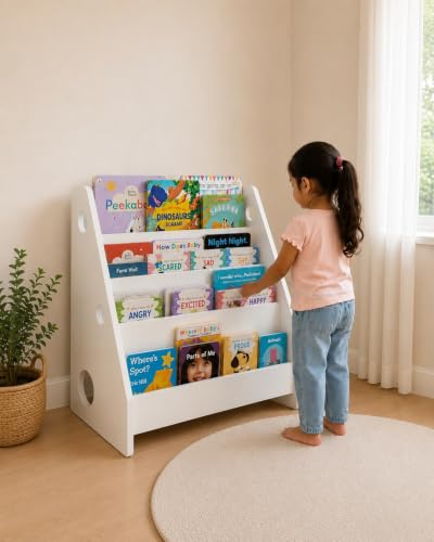 Image of Montessori Book Shelf for Kids and Toddlers - Wooden Book Organizer and Reading Rack for Nursery, Study Room, or Bedroom - Child-Safe Bookshelf for Home Use| 4-Tier (White)