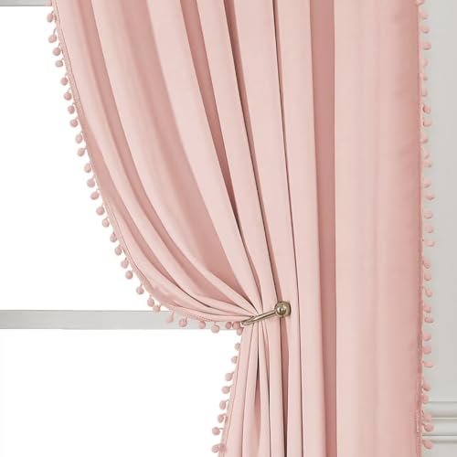 Image of YURIHOME Pom Pom Velvet Curtains 96 Inches for Bedroom, Pink Velvet Curtains- Thermal Insulated Room Darkening Sun Blocking Rod Pocket Window Drapes for Living Room, 2 Panels, 52 x 96 Inches