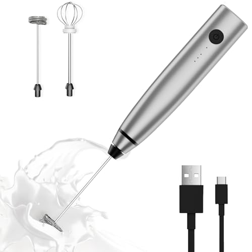 Milk Frother Rechargeable Handheld Electric Whisk Coffee Frother Mixer with 2 Stainless whisks 3 Speed Adjustable Foam Maker Blender for Coffee Matcha Latte Cappuccino Hot Chocolate(Gray)