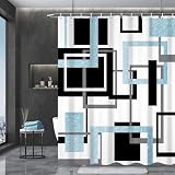 GCIREC Cortina de Ducha, Azul Claro Negro Blanco Línea Minimalista Moderna Cuadrado Geométrico a Cuadros Cortina de Maño Lavable de la Máquina de Tela Impermeable con Ganchos