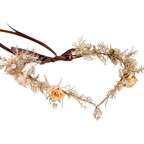 MOSTORY Waldfee Kopfschmuck Blumenkrone für Faschingskostüme Damen, Gold Elfen Diadem mit blatt für Renaissance Party Cosplay