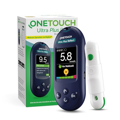 OneTouch Ultra Plus Reflect® Blutzuckermessgerät (mmol/L) I 1 Messgerät, 10 Teststreifen, 10 Lanzetten, 1 Stechhilfe & 1 Etui | Stiftung Warentest SEHR GUT (1,5)