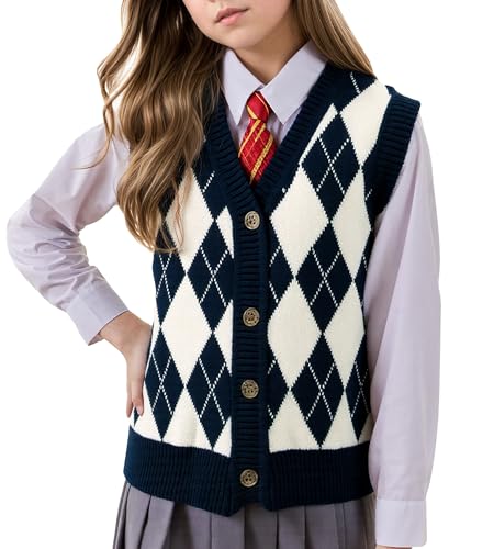 Kids Preppy Knit Sweater Vest Button Down V Neck Sleeveless Classic Check Plaid Argyle Vests for Toddler Girls Boys