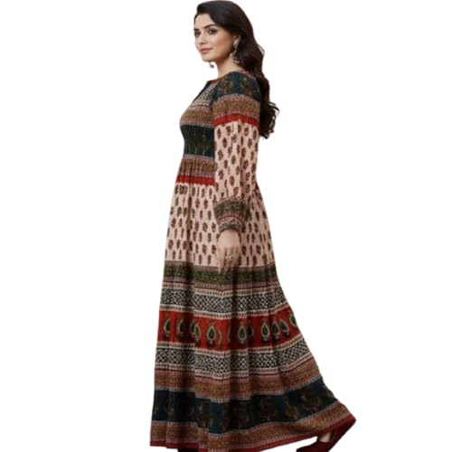 Image of Women's Cotton Dress Jaipuri Sanganeri Print Midi Long Dress Printed Fit and Flare Maxi Dress A-Line Gown Dress Maxi Skirt, Mandala (Free Size)