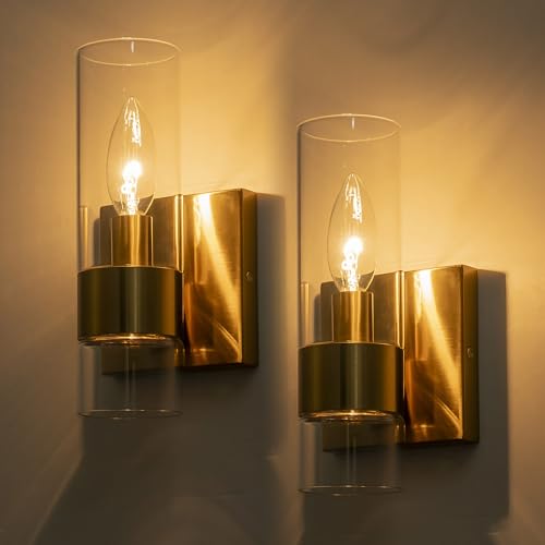 Image of Brass Indoor Wall Sconces Set of Two, Bathroom Vanity Light Fixtures Over Mirror, Glass Wall Lamps for Bedroom Side Vanity Lights for Bathroom Sink Hallway, E12 Base