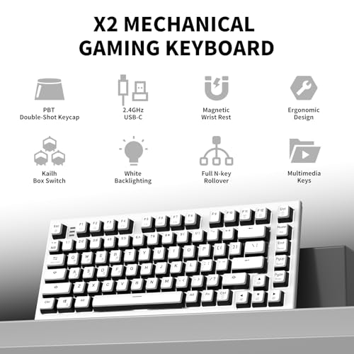 Hexgears X2 TKL Wireless Mechanical Gaming Keyboard with Magnetic Wrist Rest, Dual-Mode 2.4GHz/USB-C Ergonomic Keyboard, Pre-lubed Linear Switches, White LED Backlit Computer Gaming Keyboards - Image 3