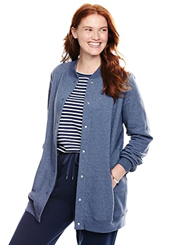 Woman Within Plus Size Fleece Baseball Jacket Long Oversized Fleece Coat