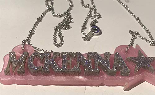 MIRROR MANIA Personalized Name Plate Custom Name Necklace Nameplate Name Laser Cut, Diamond Look, Silver and Pink Marble, Made To Order Any Name - Dazzling and Stunning!2