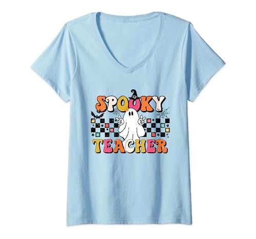 Womens Spooky Teacher Cute Ghost Teacher | Groovy Halloween Ghost V-Neck T-Shirt