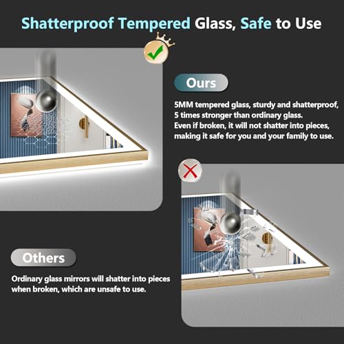 Image of 66x36 Gold LED Bathroom Mirror with Lights, Backlit & Front Lit | Brushed Gold Framed, Anti-Fog Lighted Vanity Mirror, Dimmable, 3-Color Temp, Memory, CRI95, HD Tempered Glass, UL Listed