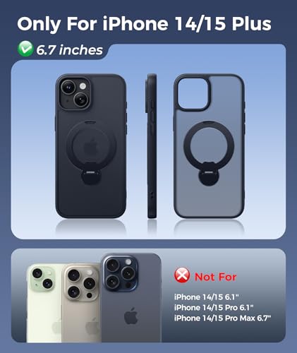 Image of FNTCASE for iPhone 15 Plus Case: iPhone 14 Plus Phone Case [360 Spin Magnetic Stand] [Compatible with Magsafe] [Screen Protector] Translucent Matte Military Grade Shockproof Phone Cover - Black
