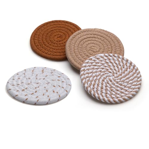 RICHCEE 4 Pcs Coasters for Drinks, 4.3 Inch Fit for All Kinds of Cups, 4 Colors Minimalist Absorbent Cotton Handmade Coaster for Tabletop Protection/Housewarming Gift/Home Decor (Coffee)