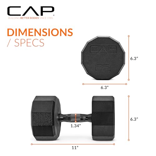 Image of CAP Rubber Coated Dumbbell Weights, Free Weights for Home Gym Strength Training, Anti-Roll Hex Dumbbells with Black, Chrome & Comfort Grip Handles, Singles